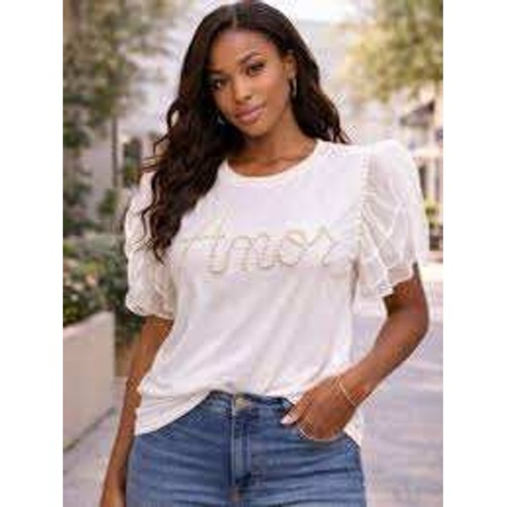 Anthropologie Amor Pearl Organza Ruffle Sleeve Top S White Coquette Ontwelfth